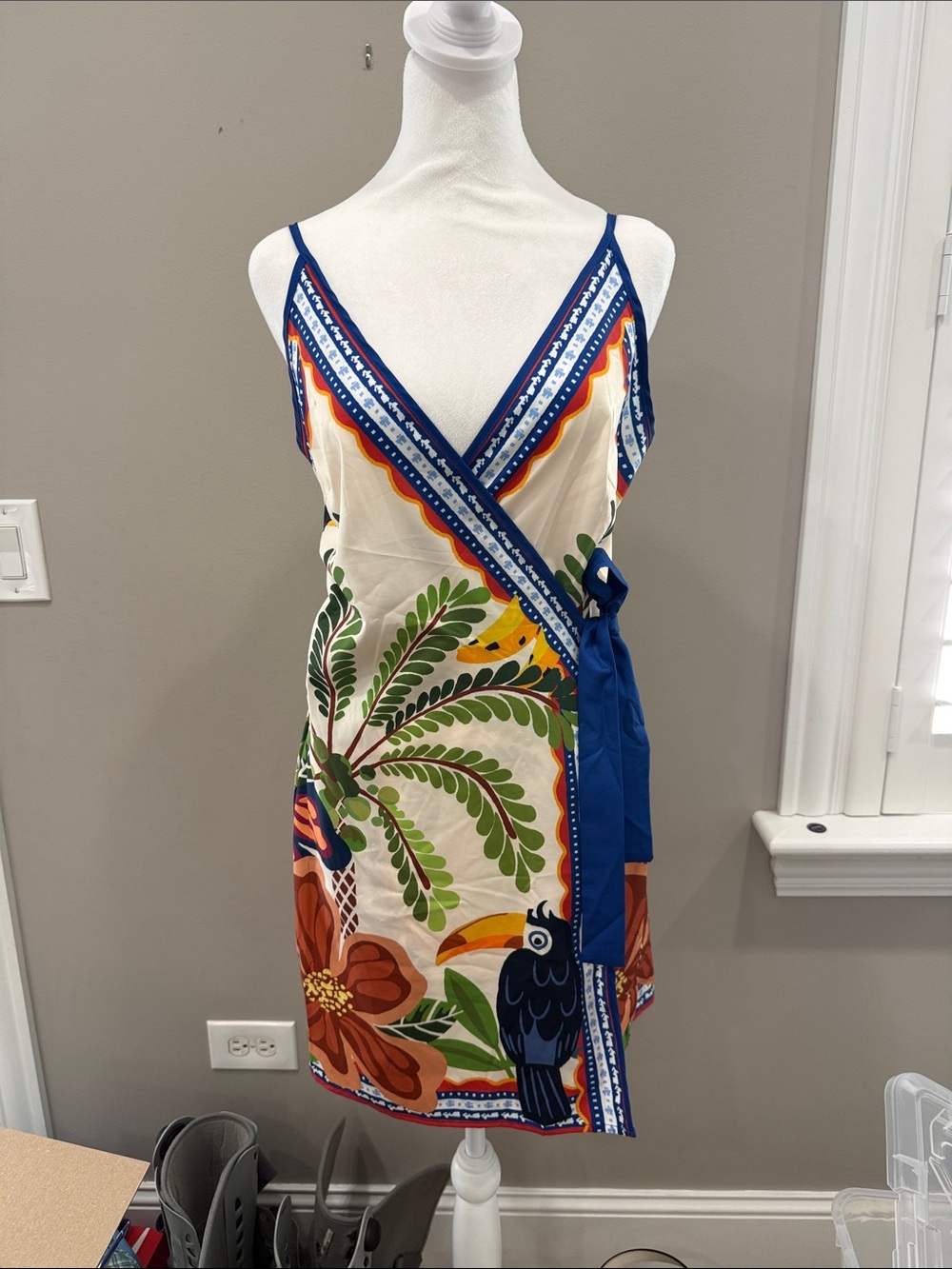 Silk like tropical wrap mini dress